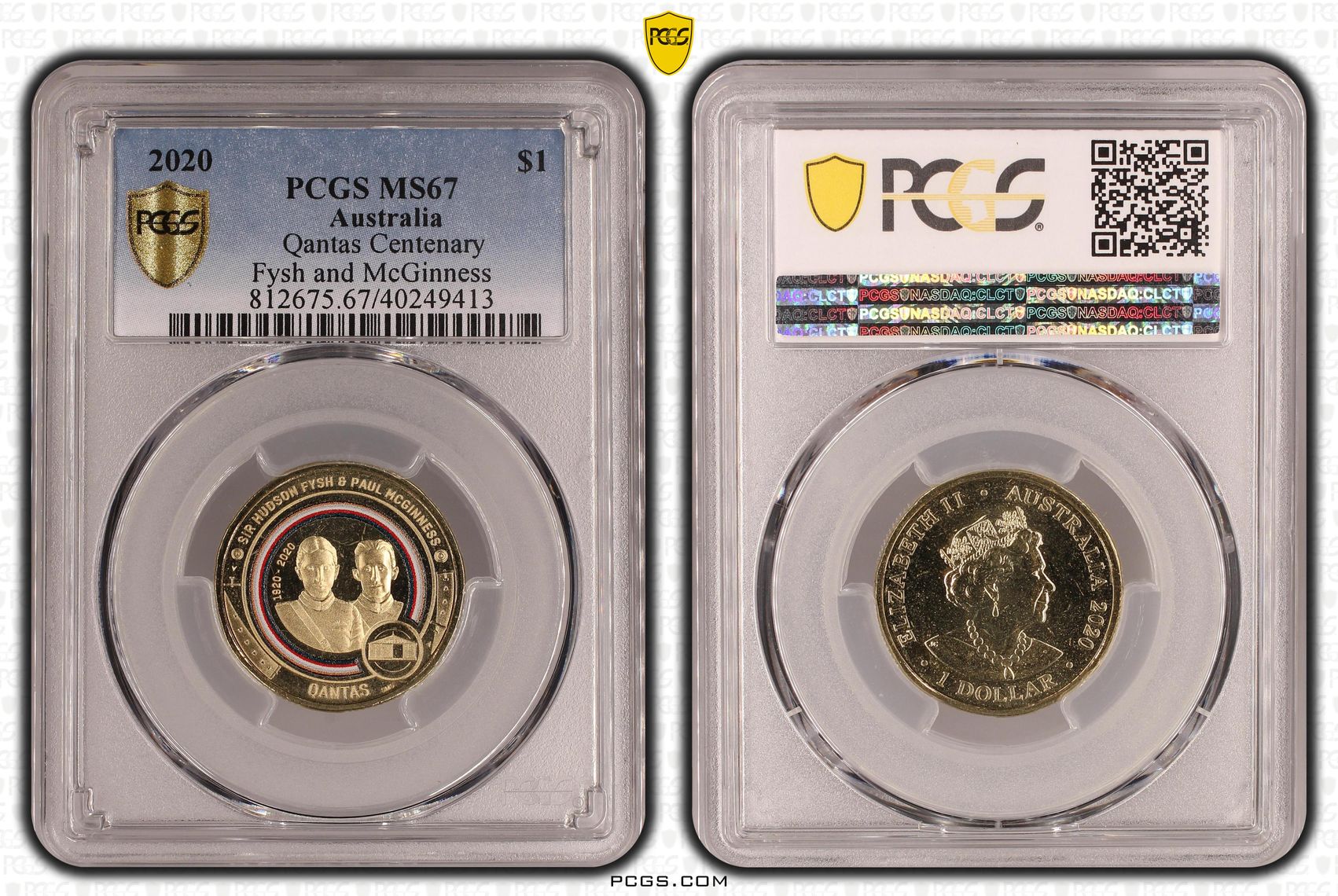 464 · Qantas Centenary Fysh and McGinness, One Dollar, 2020, PCGS MS67