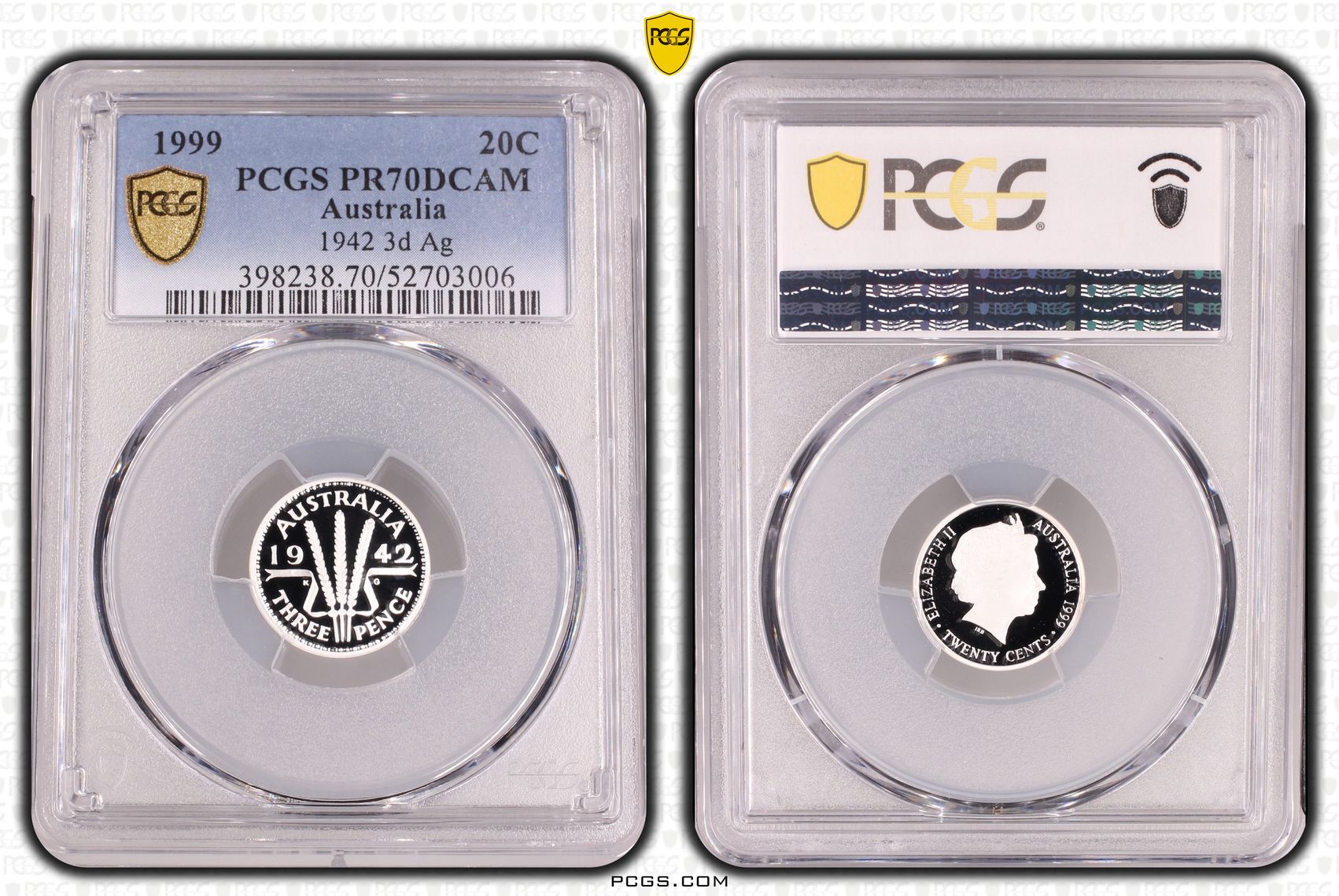 1942 Threepences Silver, Twenty Cent, 1999, PCGS PR70DCAM
