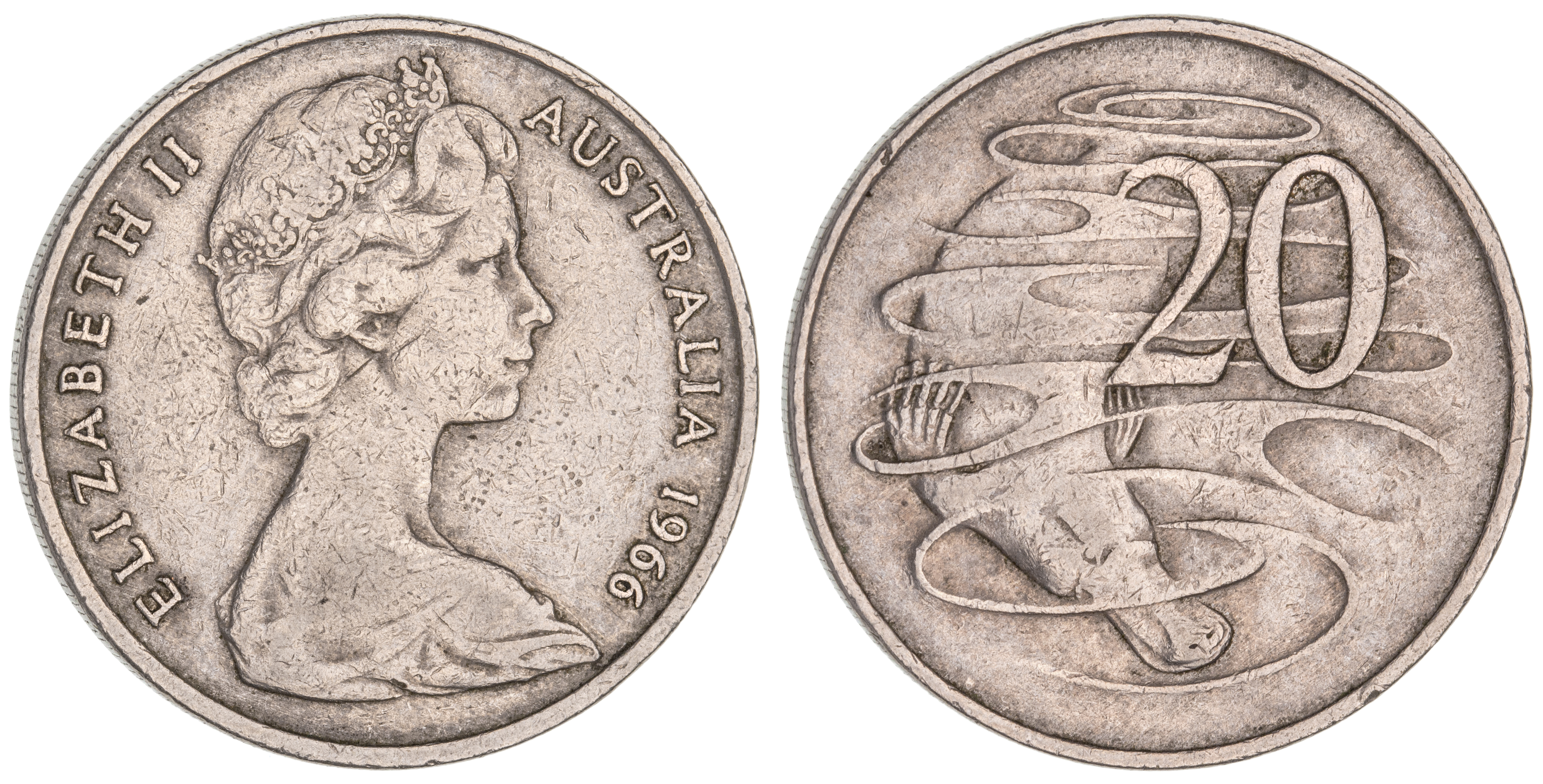 Elizabeth II, Twenty Cents, 1966, aVF