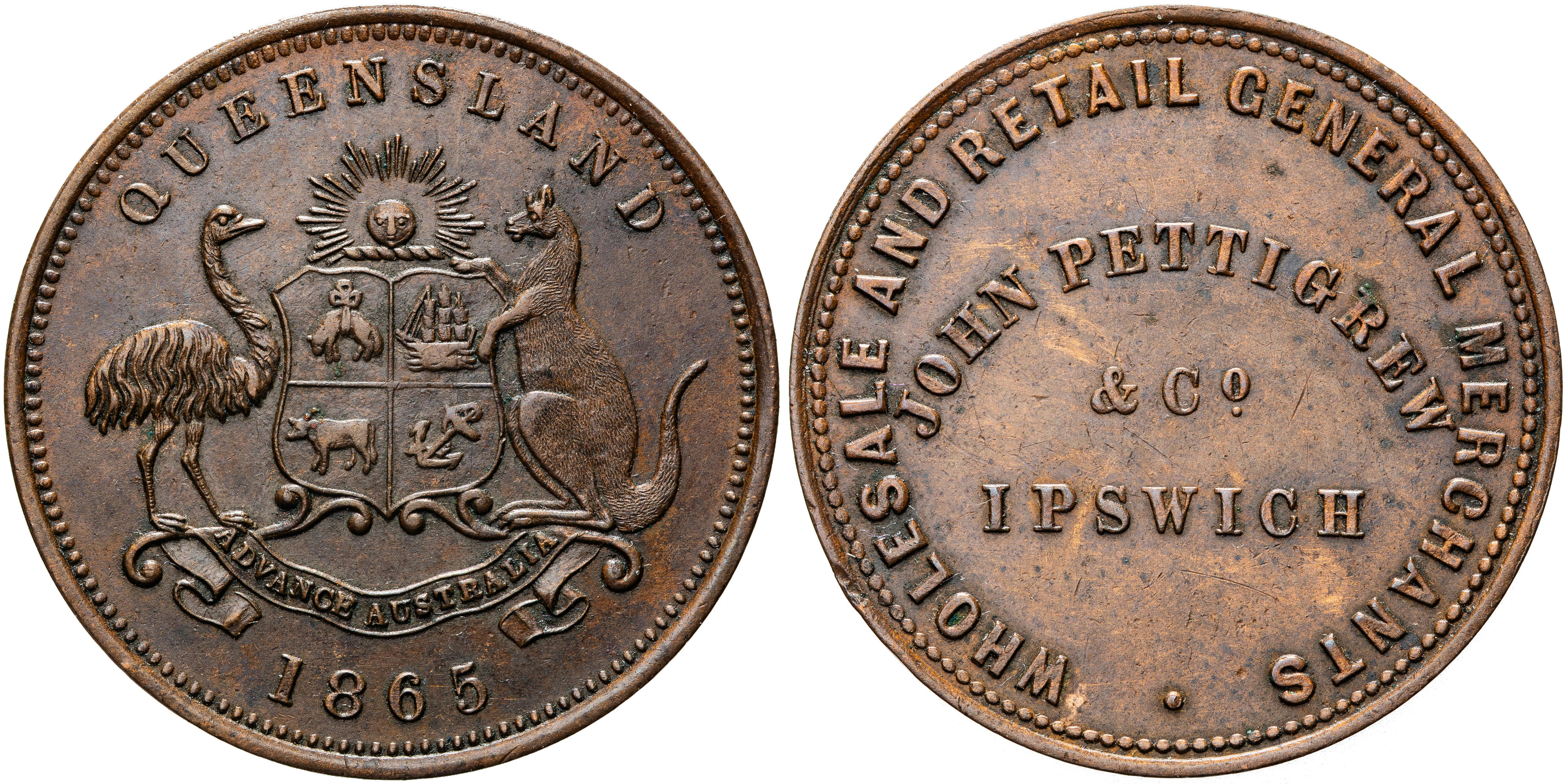 258 · A.229 Pettigrew, John & Co, Ipswich, Queensland, Penny, 1865,  gVF
