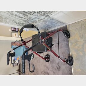 Mobile padded seat walker with carry box underneath