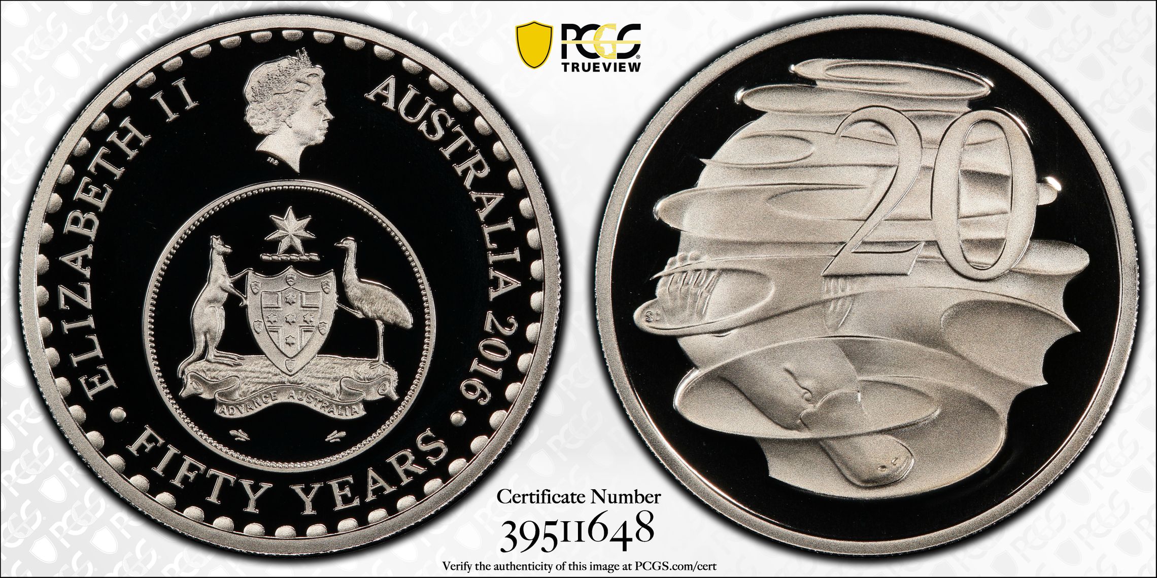 50 Yrs Decimal Currency, Twenty Cent, 2016, PCGS PR70DCAM