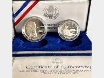 1993 USA BILL OF RIGHTS 2-COIN COMMEMORATIVE PROOF SET SILVER SET.