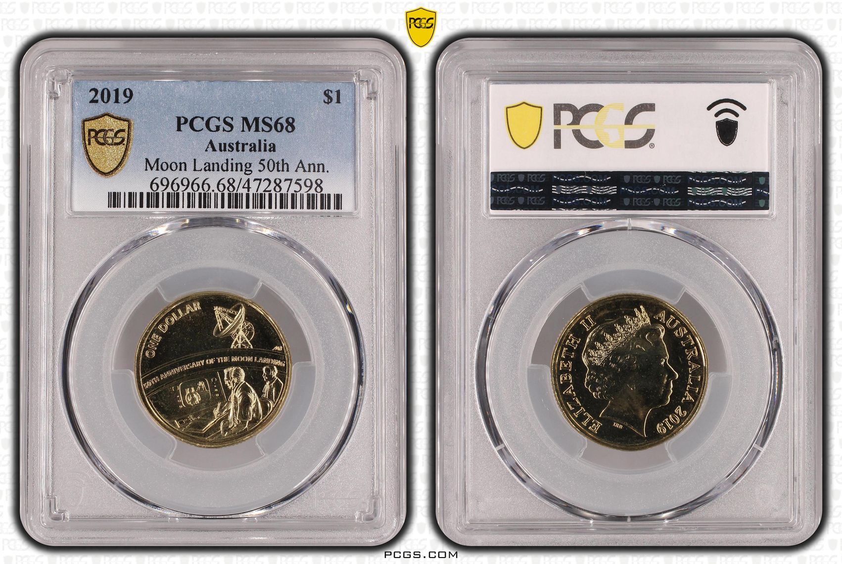393 · Elizabeth II, Moon Landing 50th Ann., One Dollar, 2019, PCGS MS68