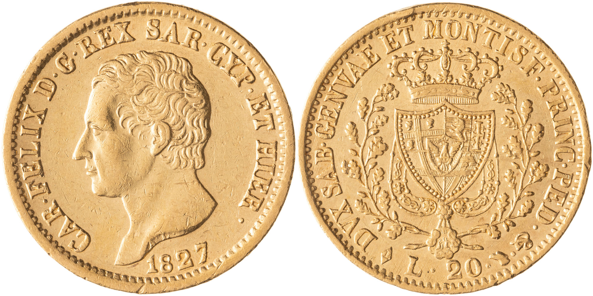 Italian States, Charles Felix, Kingdom of Piedmont-Sardinia, Twenty Lire, 1827, EF
