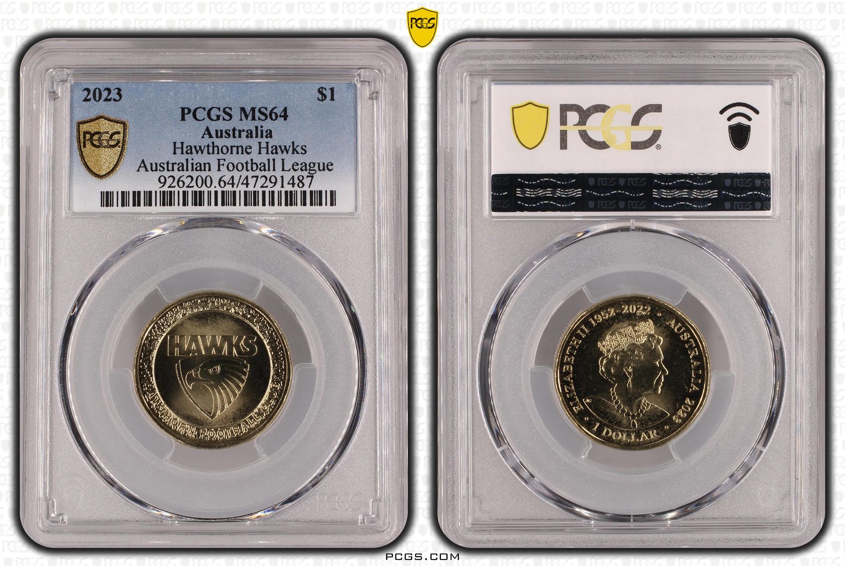Elizabeth II, AFL- Hawthorne Hawks, One Dollar, 2023, PCGS MS64