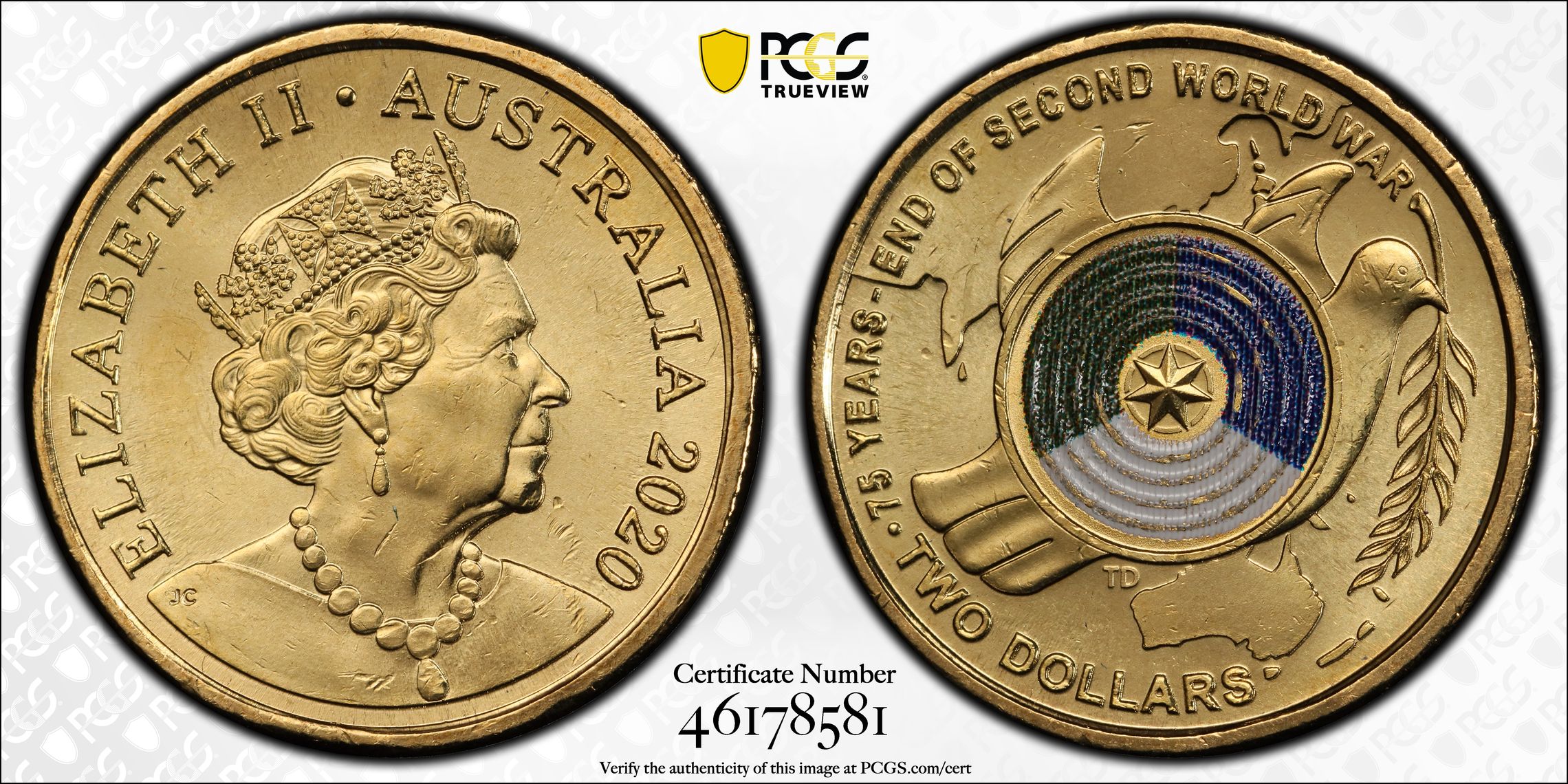 Elizabeth II, 75th Ann End of WWII Colorized , Two Dollar, 2020, PCGS MS66