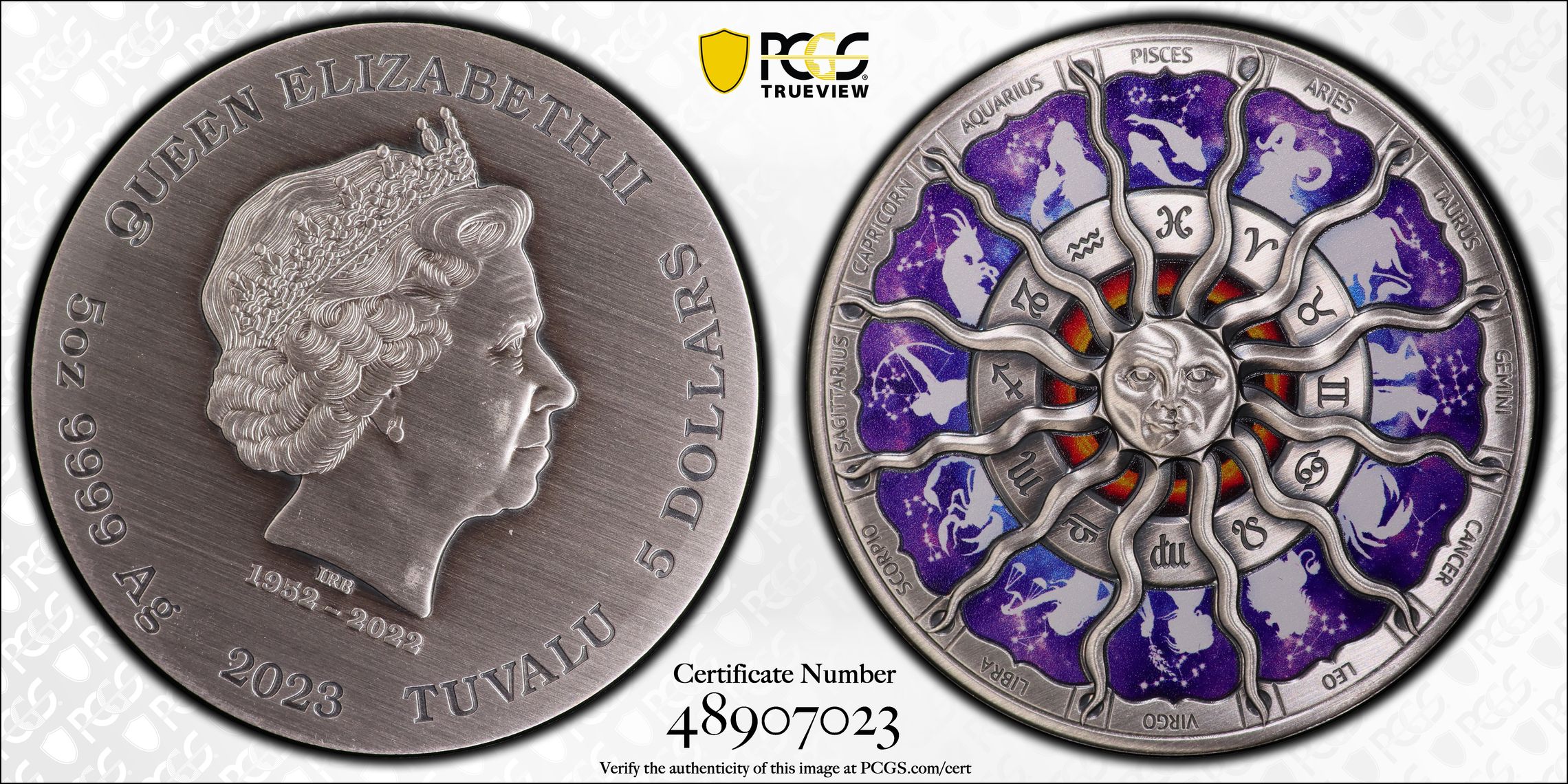 Tuvalu, Signs of the Zodiac Antique Finish 5oz Ag , Five Dollar, 2023, PCGS SP67