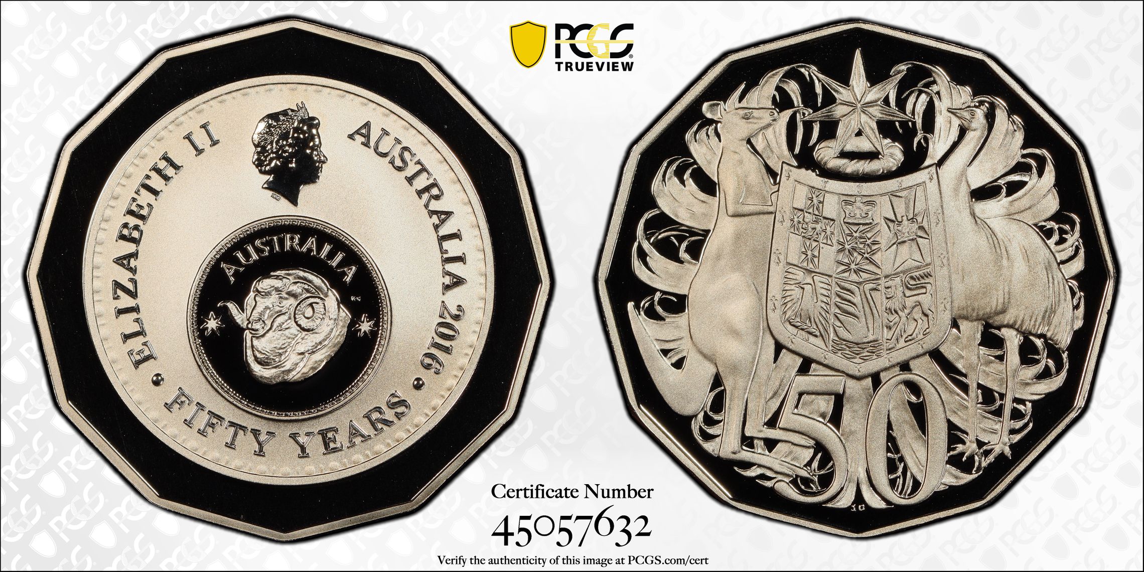2016 Australian Fifty Cent, 50c Proof 50th Ann. Decimal Currency PCGS - PR70DCAM POP 176/0 -632