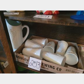 Grape Milk Glass Pitcher, Cups and Salt and Pepper