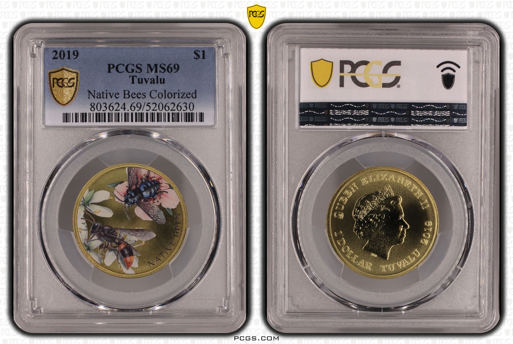 Tuvalu, Elizabeth II, Native Bees Colourised, One Dollar, 2019, PCGS MS69