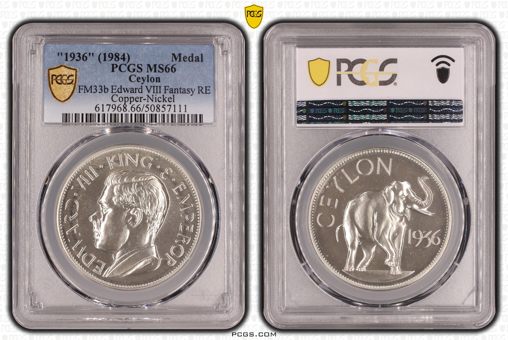 Ceylon, FM33b Edward VIII Fantasy RE POP 1/0, Medal, 1936, PCGS MS66