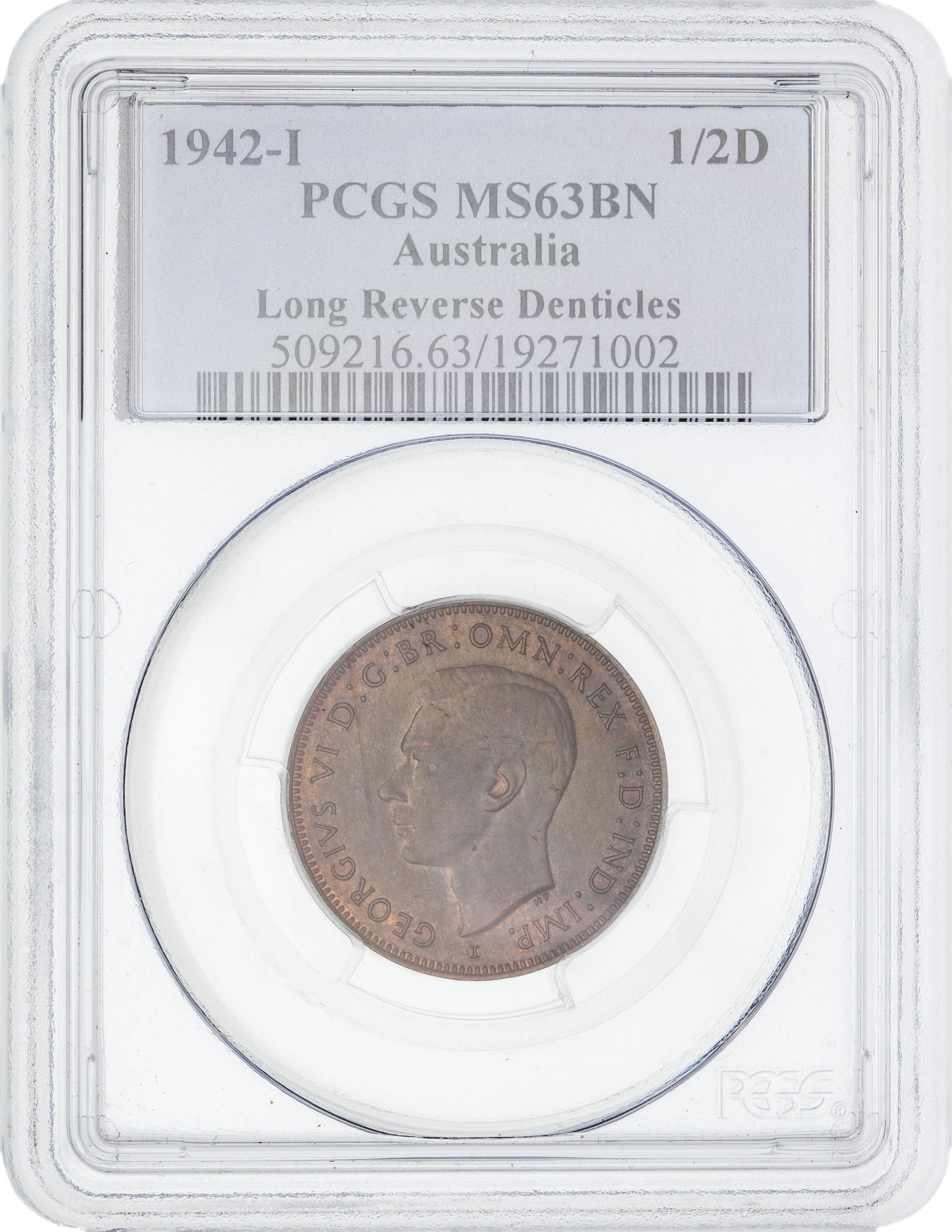 George VI, Long Reverse Denticles, Halfpenny, 1942-I, PCGS MS63BN