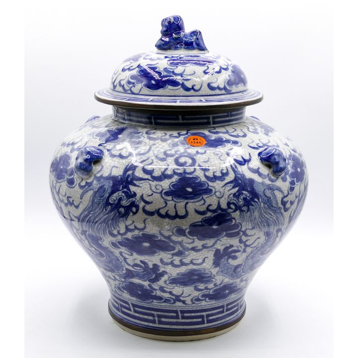 Chinese Blue Crackle Dragon Covered Jar 13.5''