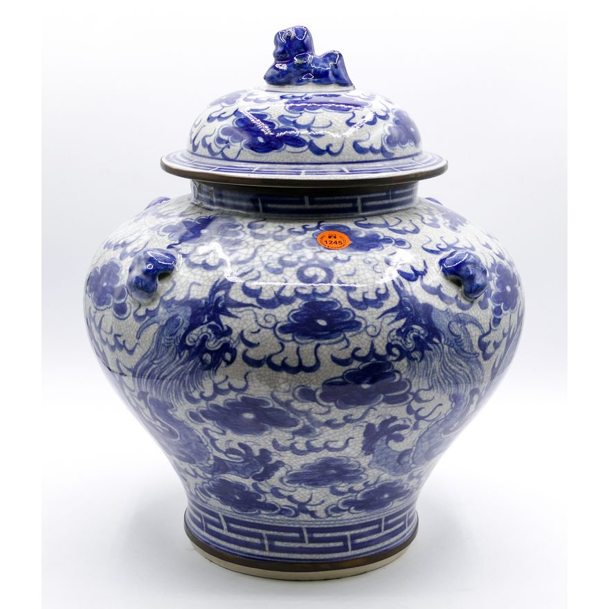 Chinese Blue Crackle Dragon Covered Jar 13.5''