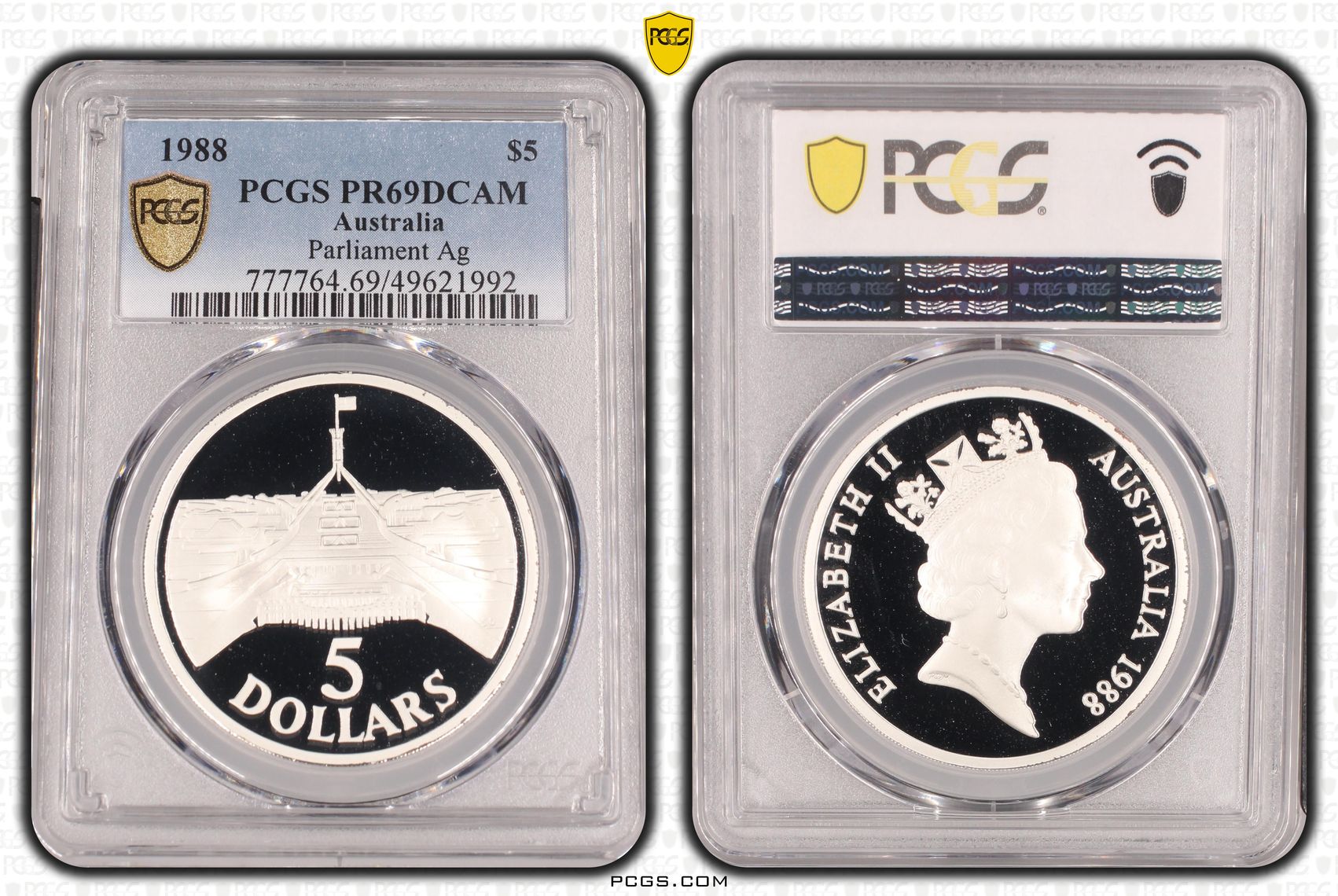 Parliament Silver, Five Dollar, 1988, PCGS PR69DCAM