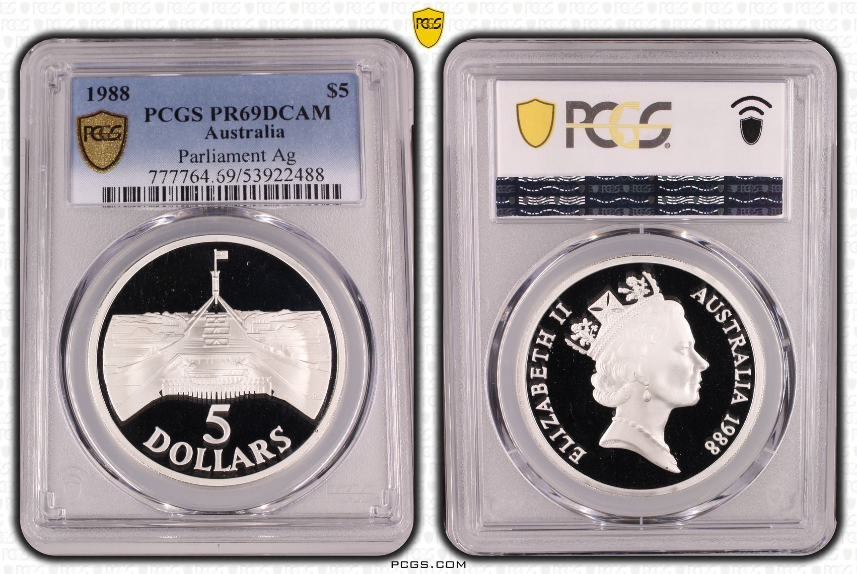 Parliament Silver, Five Dollar, 1988, PCGS PR69DCAM