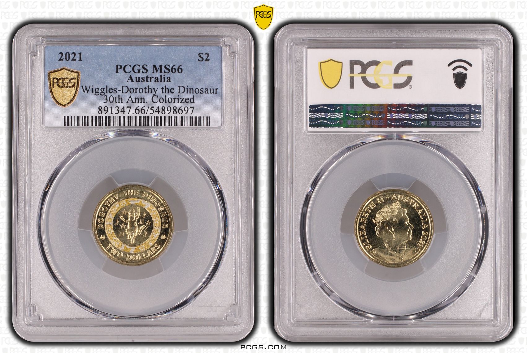 Wiggles-Dorothy the Dinosaur 30th Ann. Colourised, Two Dollar, 2021, PCGS MS66
