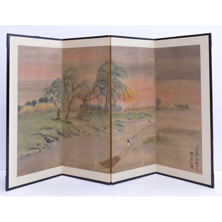 Japanese Painted 4 Panel Screen- Sunset Landscape- 36x54''