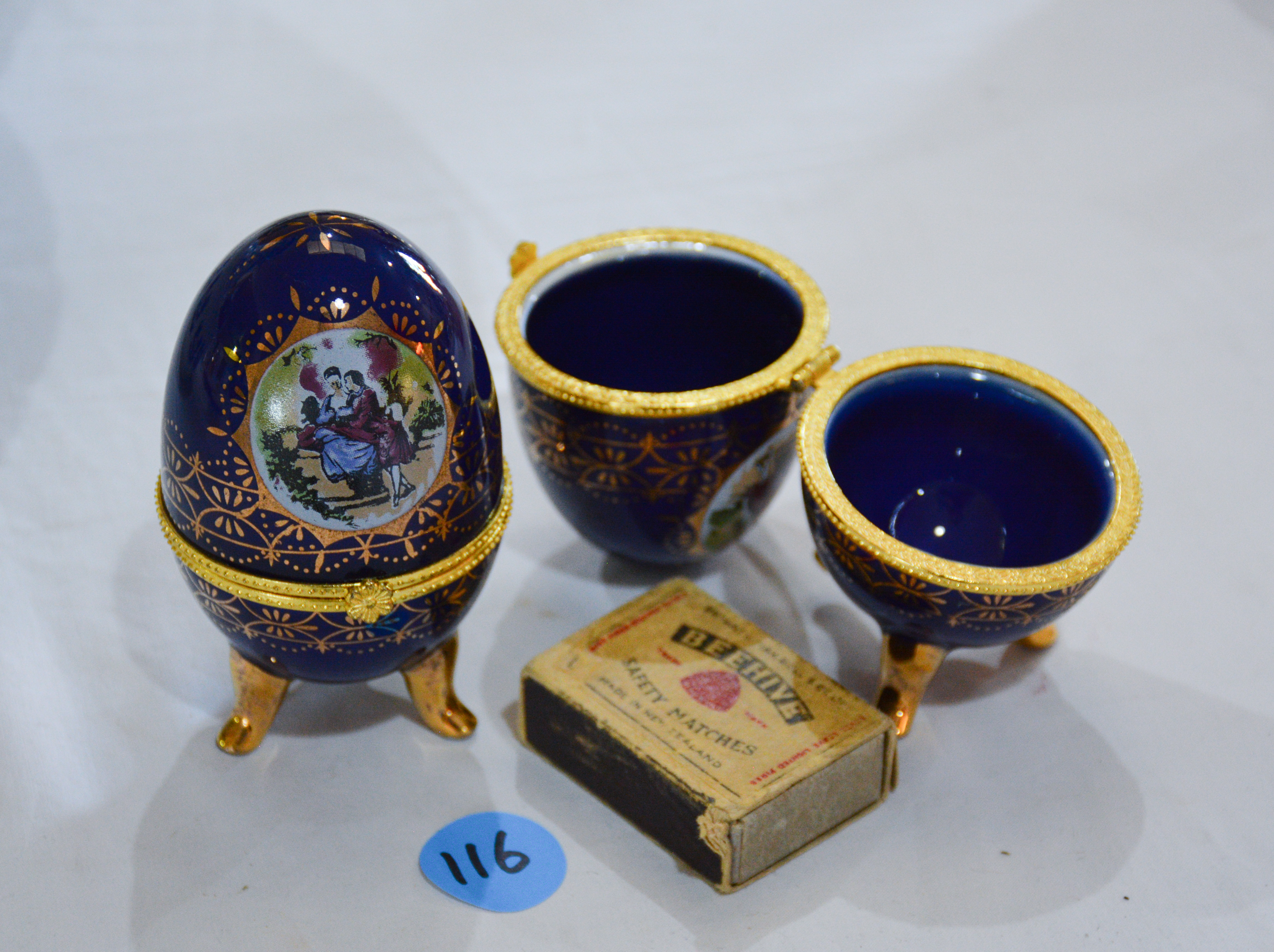 Cobalt Blue Porcelain Egg Trinket Boxes x 2 — sold at auction in New Zealand for $20