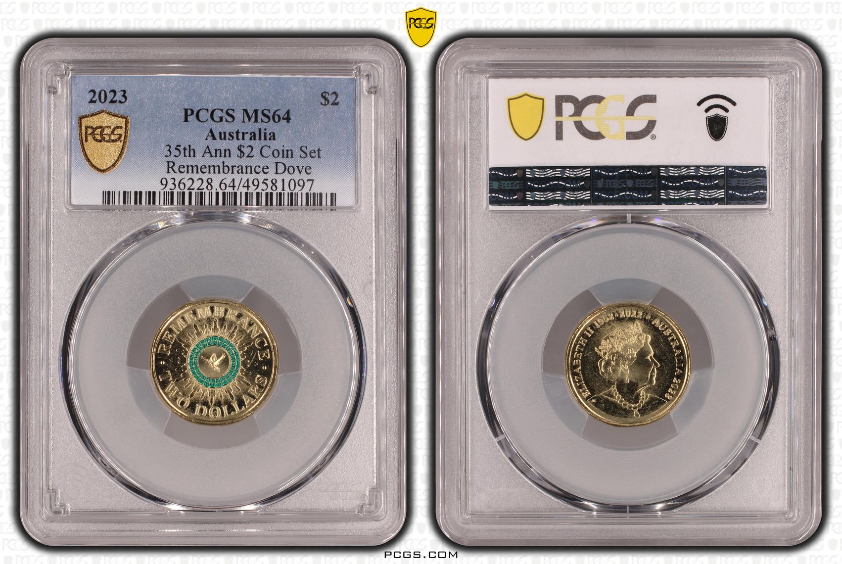 Elizabeth II, 35th Ann $2 Coin Set Colorized Remembrance Dove , Two Dollar, 2023, PCGS MS64