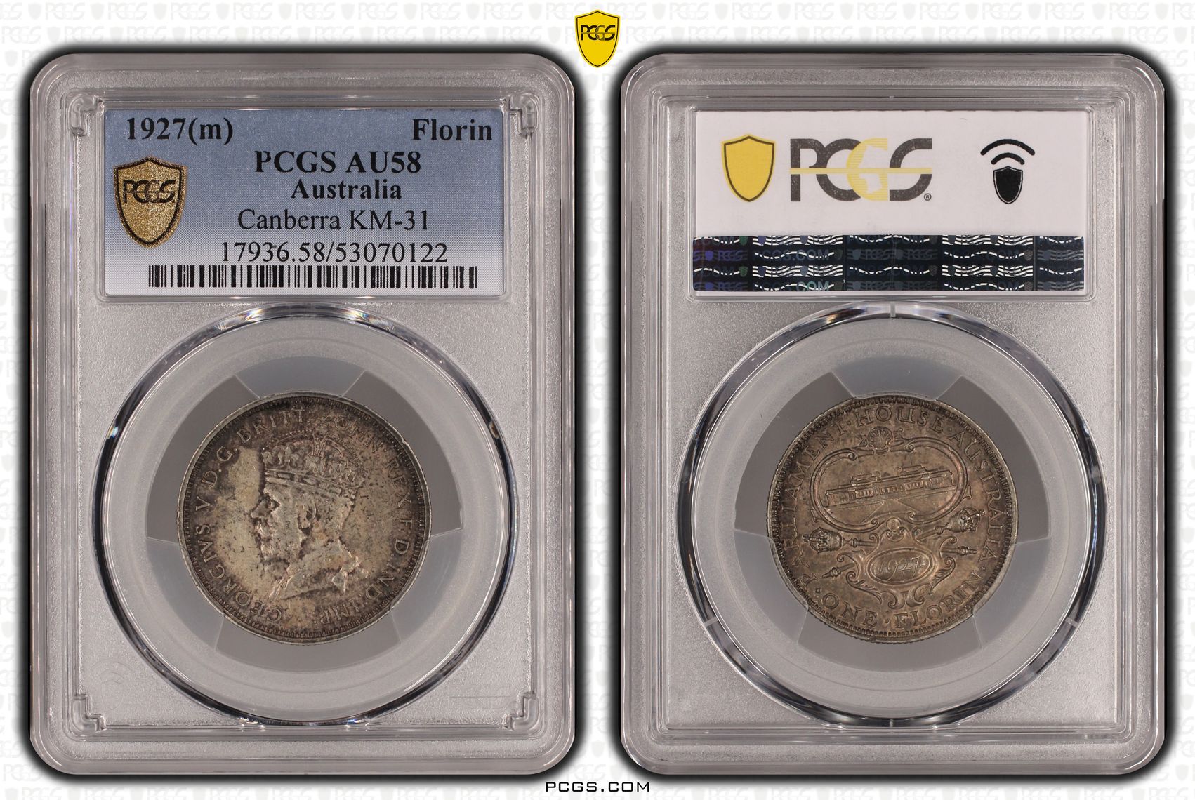 George V, Canberra KM-31, Florin, 1927(m), PCGS AU58