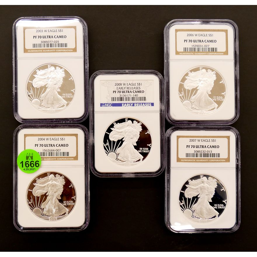 5pc US 1oz Silver American Eagle Coins- Proof 70 Ultra Cameo- 2003 to 2008