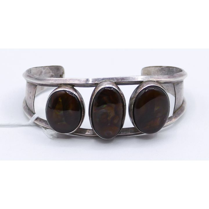Sterling Triple Agate Cabochon Cuff Bracelet Fits 7'' - 45 Grams