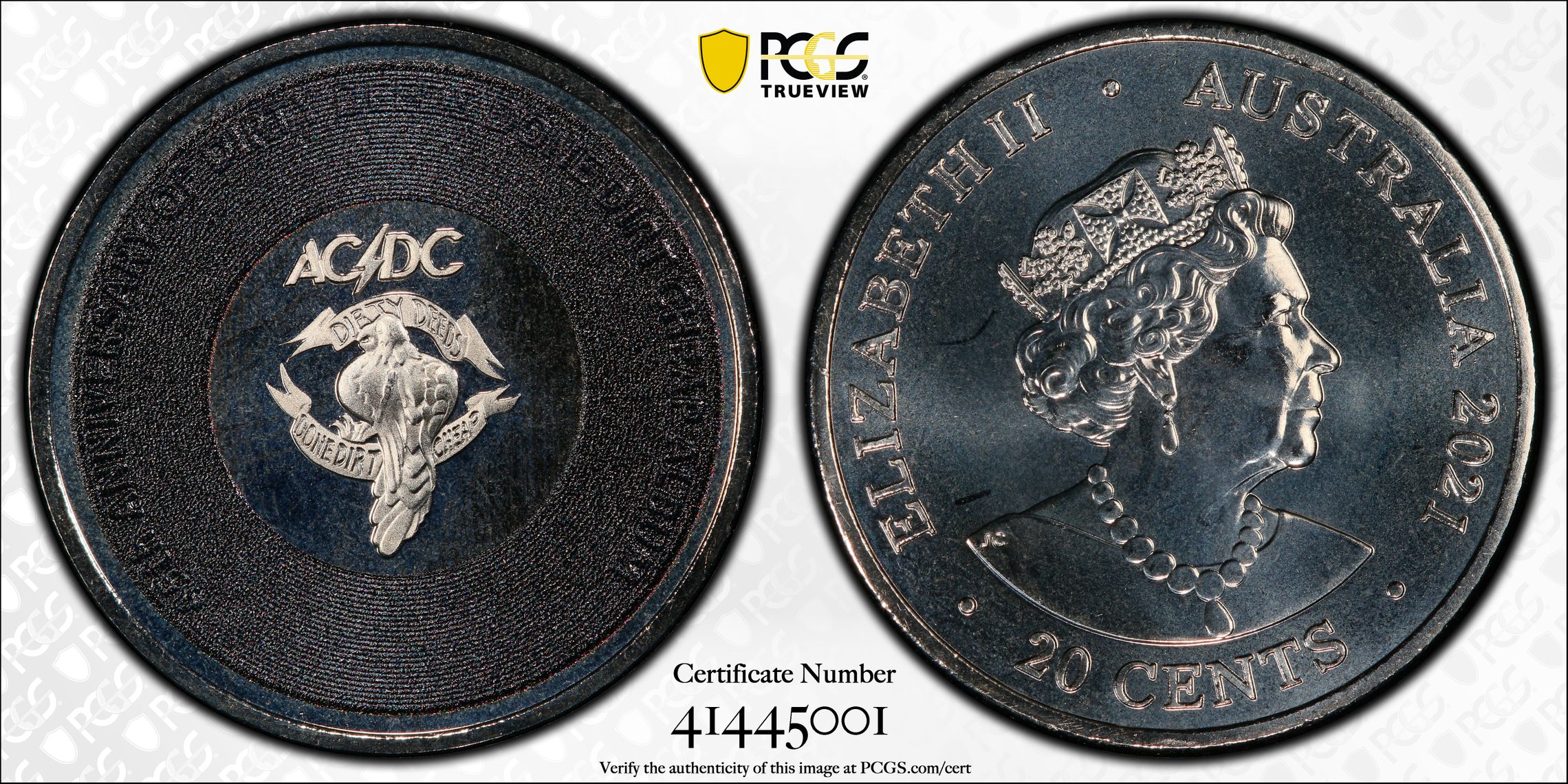 AC/DC- Dirty Deeds Done Dirt Cheap 45th Anniversary , Twenty Cent, 2021, PCGS MS68