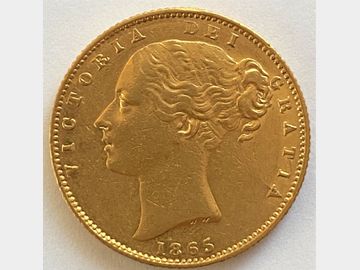 1865 VICTORIA YOUNG HEAD #DIE 20 SHIELD GOLD SOVEREIGN
