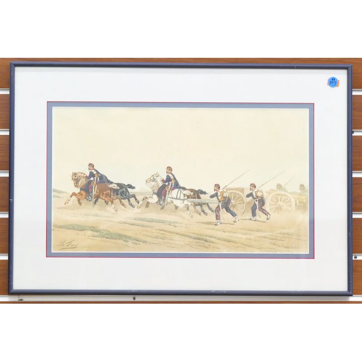 Antique French War Scene Watercolor Framed 18''x25''