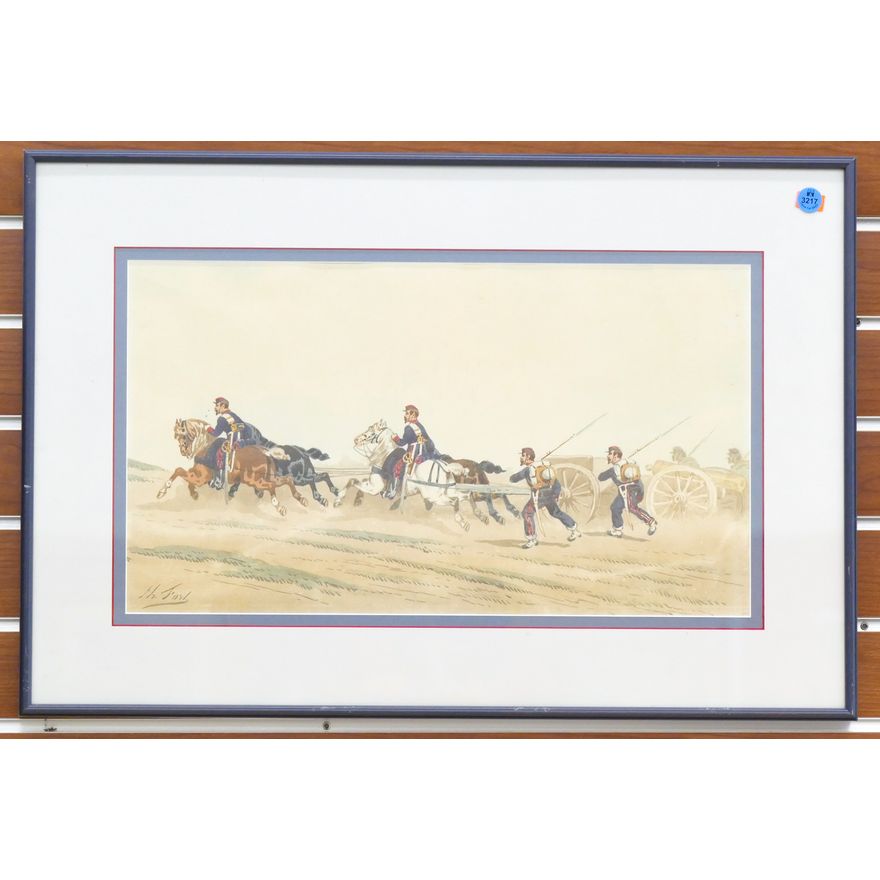 Antique French War Scene Watercolor Framed 18''x25''