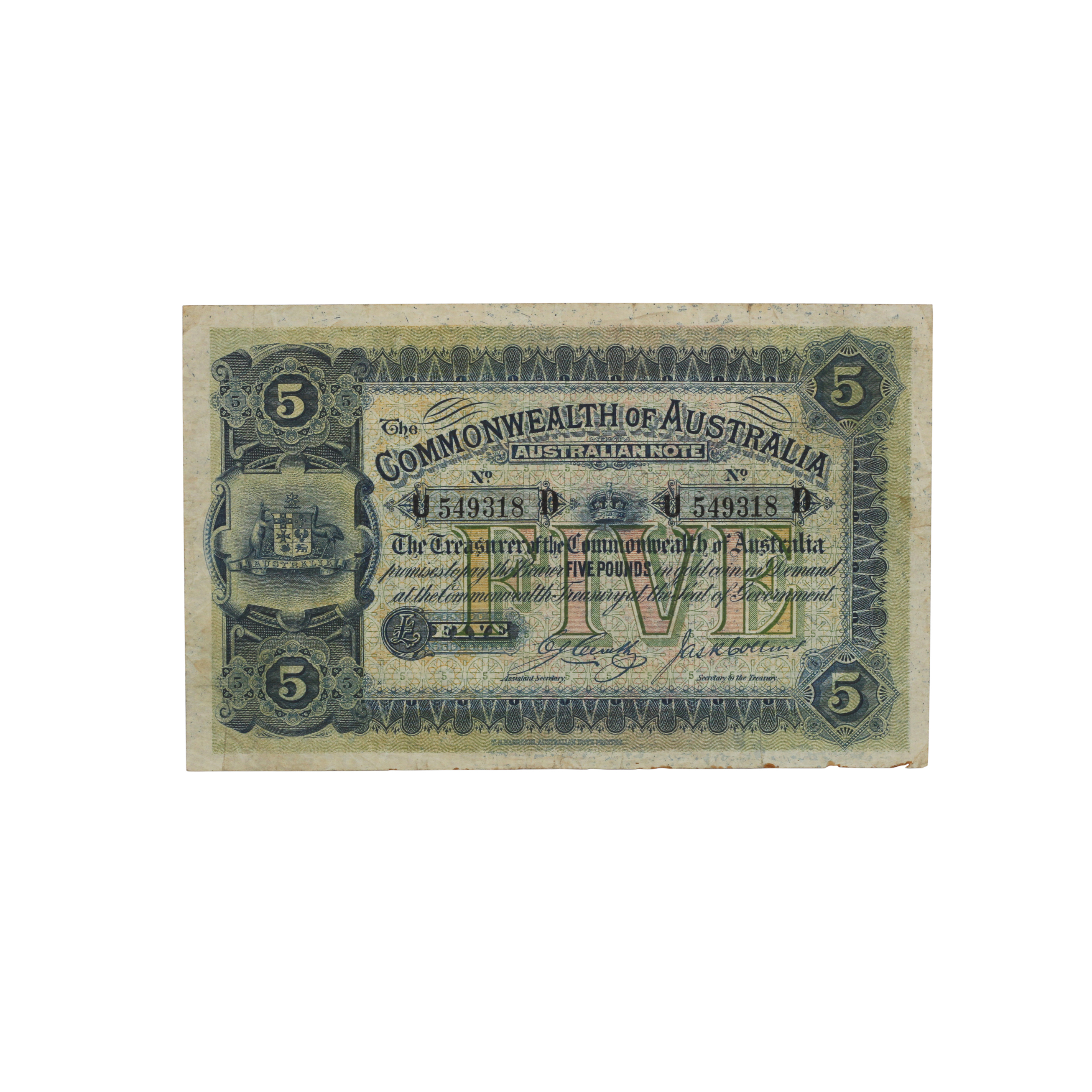 1901 · Cerutty/Collins, Five Pounds, 1918, Fine