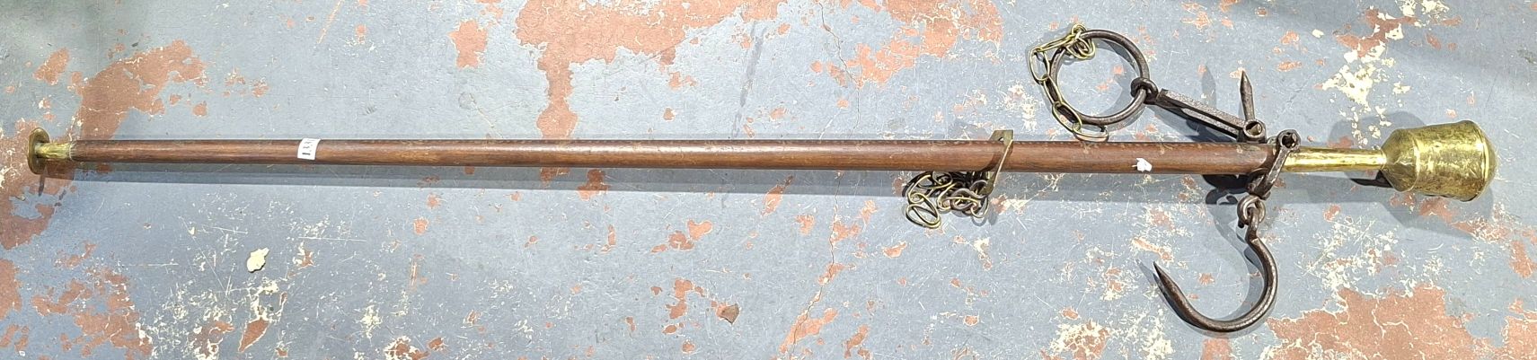 1331 · ANTIQUE WOOD, BRASS AND CAST IRON HANGING SCALE
