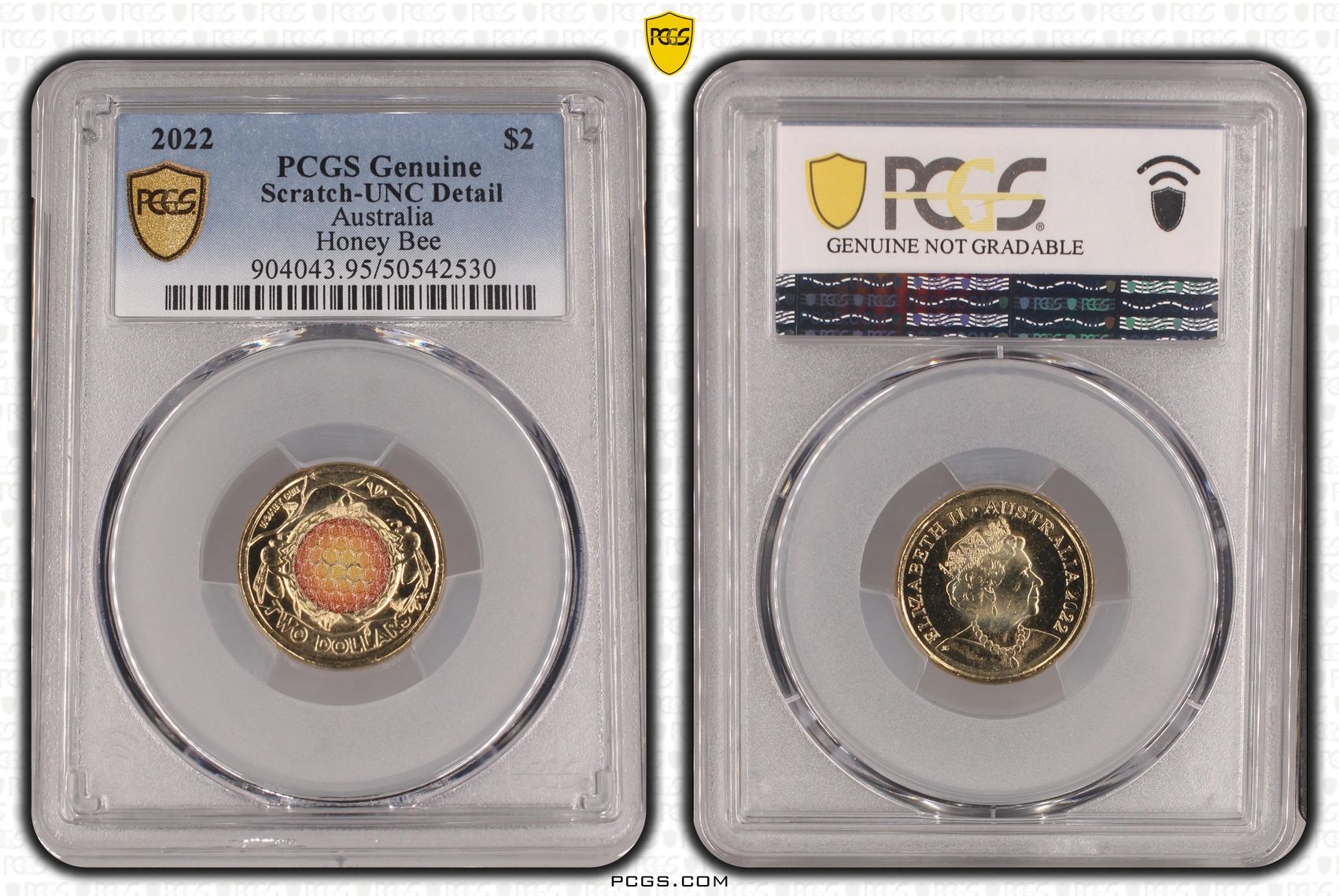 497 · Honey Bee Colourised, Two Dollar, 2022, PCGS Genuine - UNC Details (95 - Scratch)