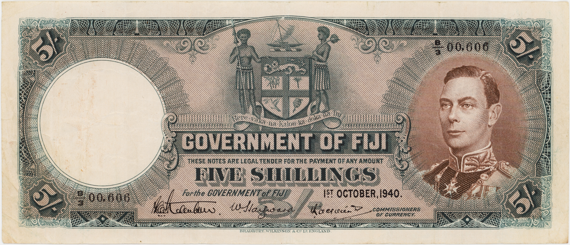 Fiji, George VI, Five Shillings, 1940, VF