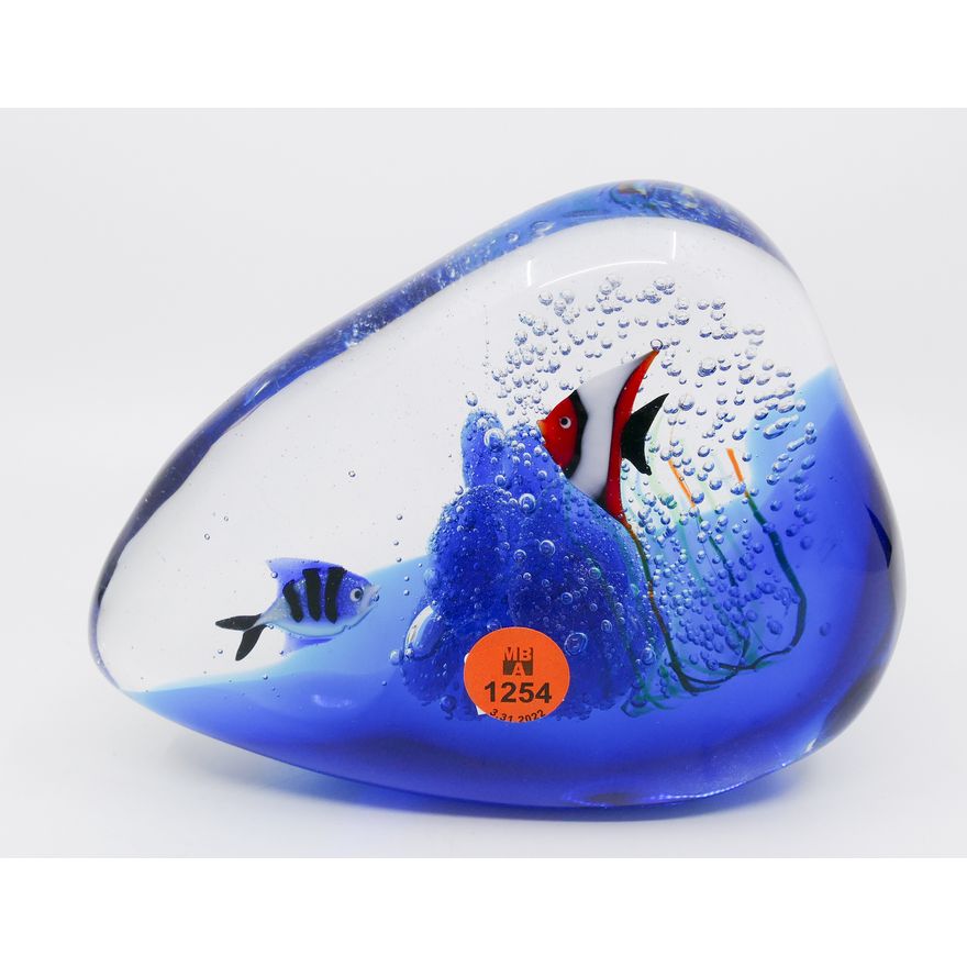 Signed Art Glass Blue Aquarium Sculpture- 5x6.5''