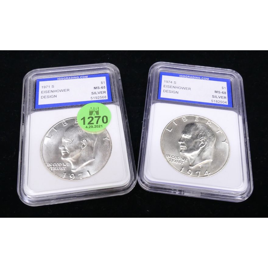 2pc Eisenhower Silver Dollars- Graded- 1971S & 1974S
