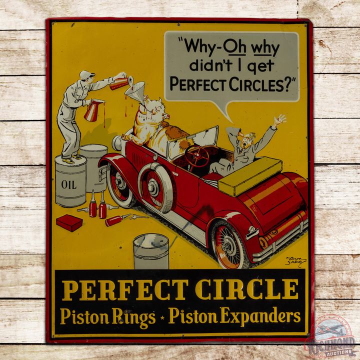 Perfect Circle Piston Rings Emb. Single Sided Tin Sign w/ Oil Hog & Automobile