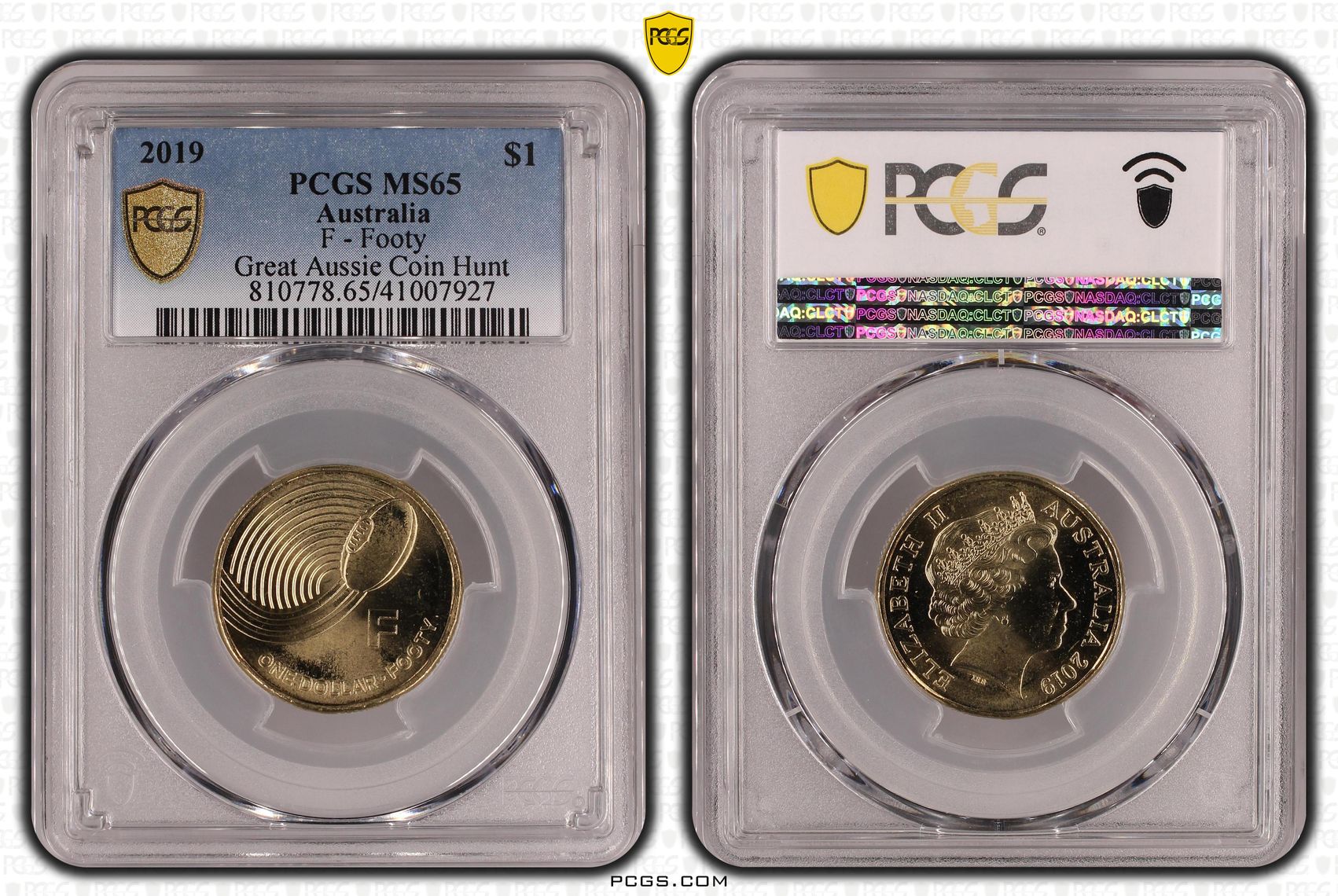 417 · 2019 Australia One Dollar, $1 F - Footy - Great Aussie Coin Hunt PCGS - MS65 -927