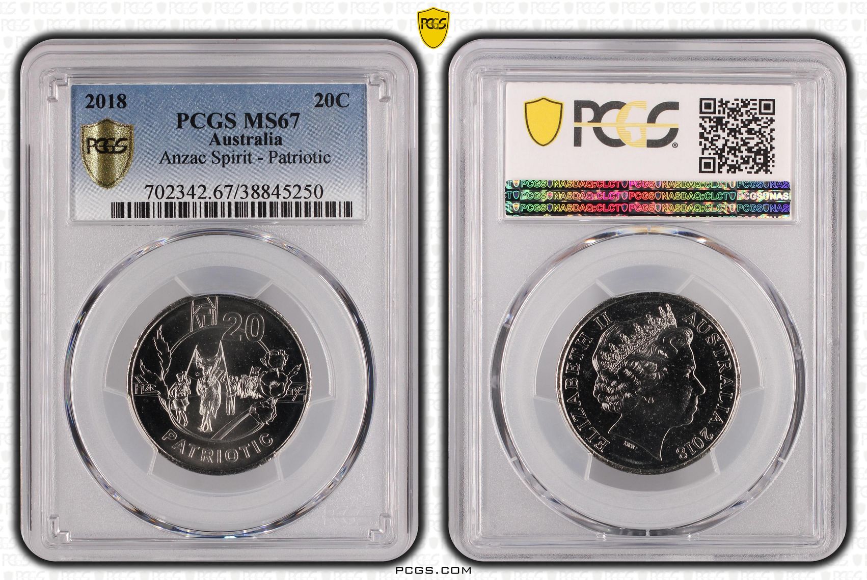 2018 Australia Twenty Cent, 20c Anzac Spirit - Patriotic PCGS - MS67 POP 1/0 -250