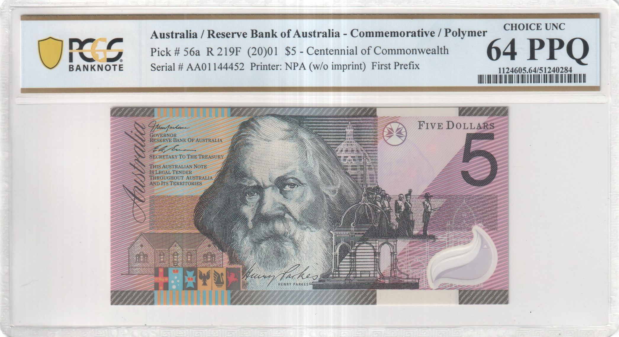 Macfarlane/Evans, Centennial of Commonwealth, First Prefix, Five Dollar, 2001, PCGS Choice UNC 64 PPQ