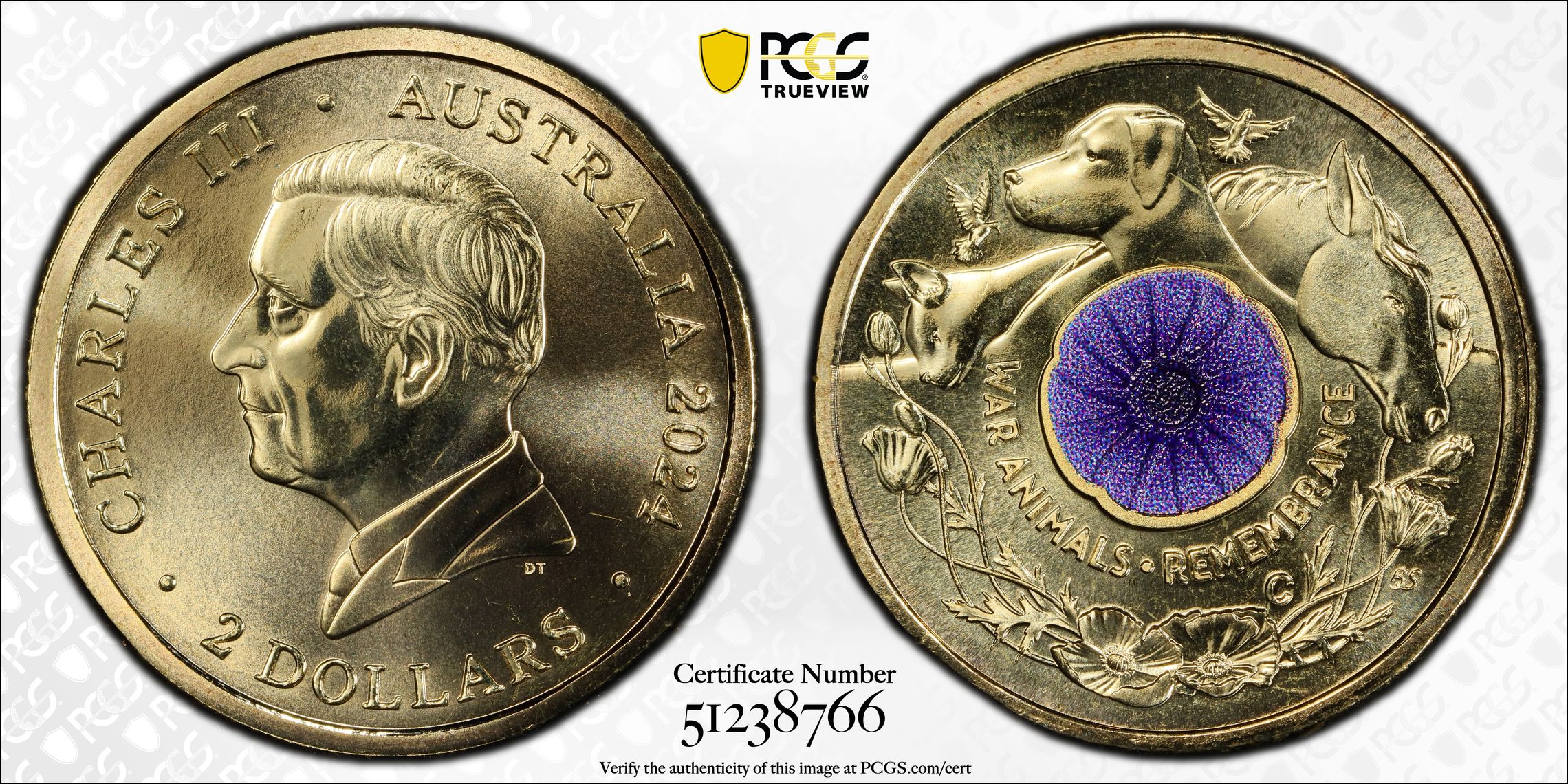 War Animal Remembrance Colourised, Two Dollar, 2024-C, PCGS MS69