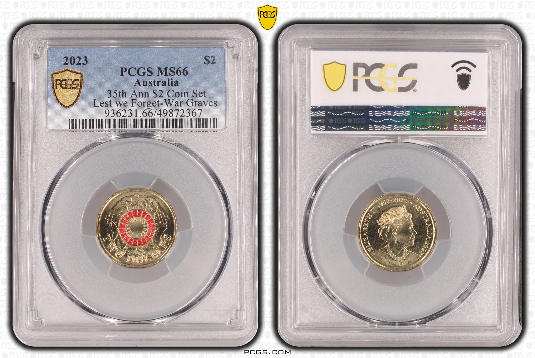 35th Ann $2 Coin Set ColourisedLest we Forget-War Graves, Two Dollar, 2023, PCGS MS66