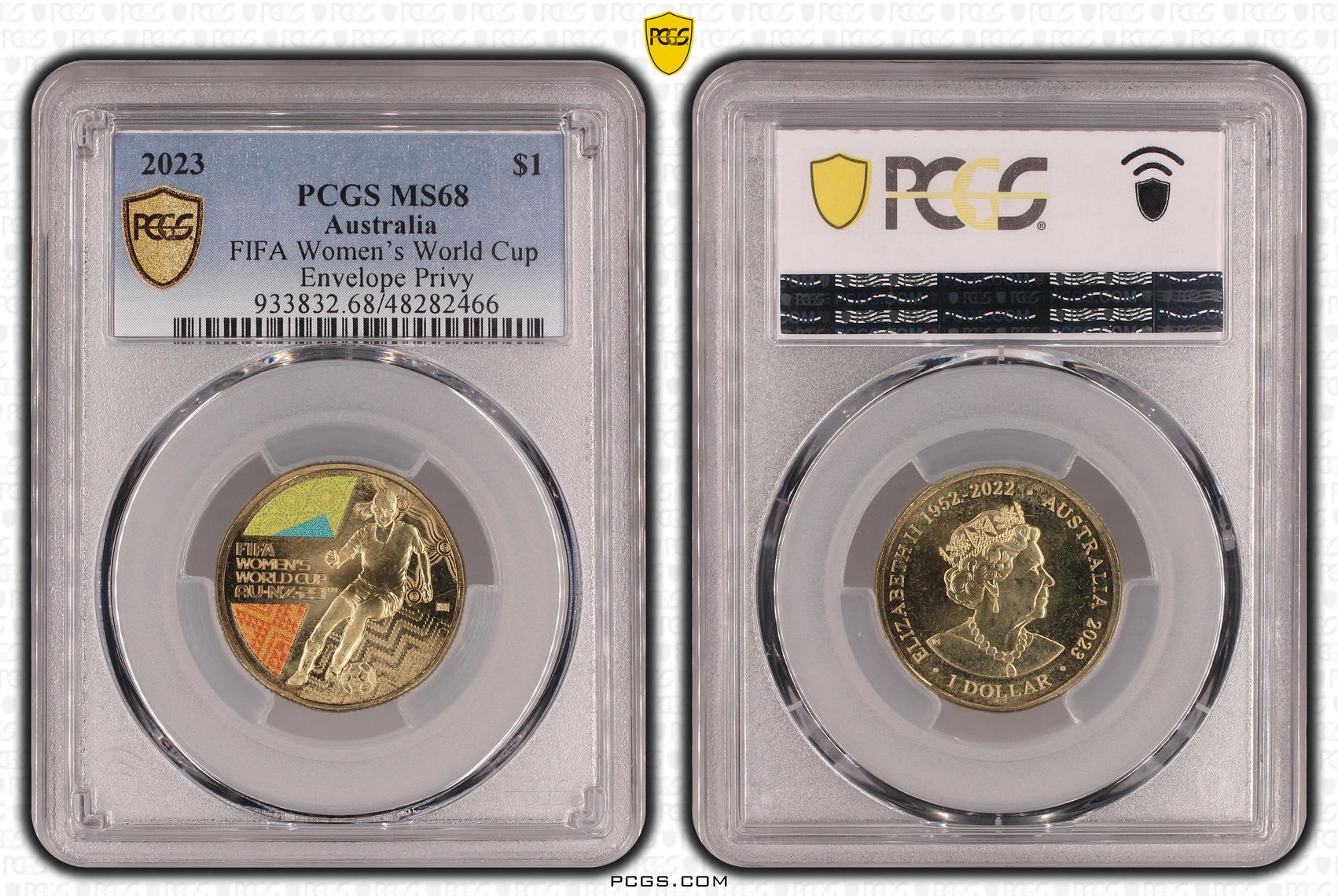 305 · Elizabeth II, FIFA Women's World Cup, Envelope Privy, POP 4/0, One Dollar, 2023, PCGS MS68