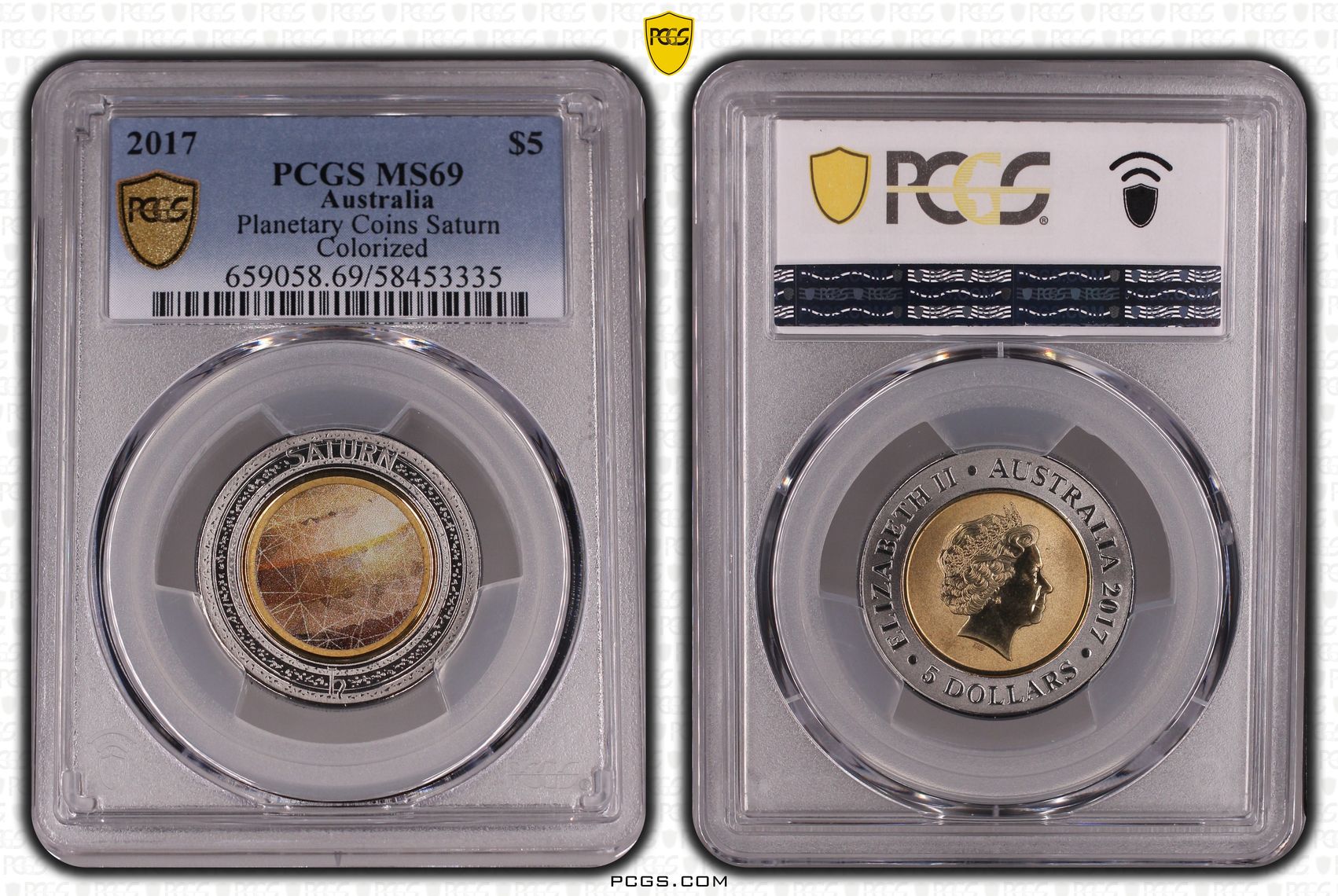 Planetary Coins Saturn Colourised, Five Dollar, 2017, PCGS MS69