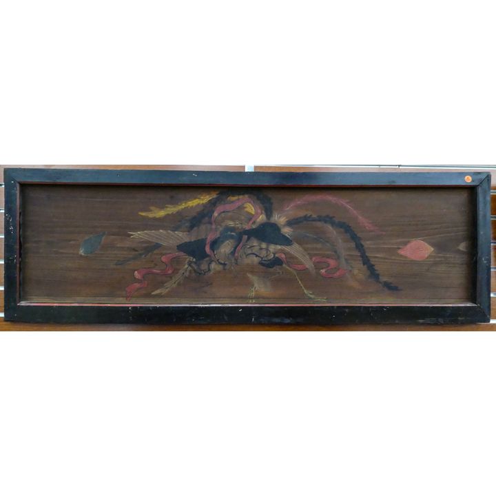 Pair Antique Japanese Painted Phoenix Wood Panels 17''x54''