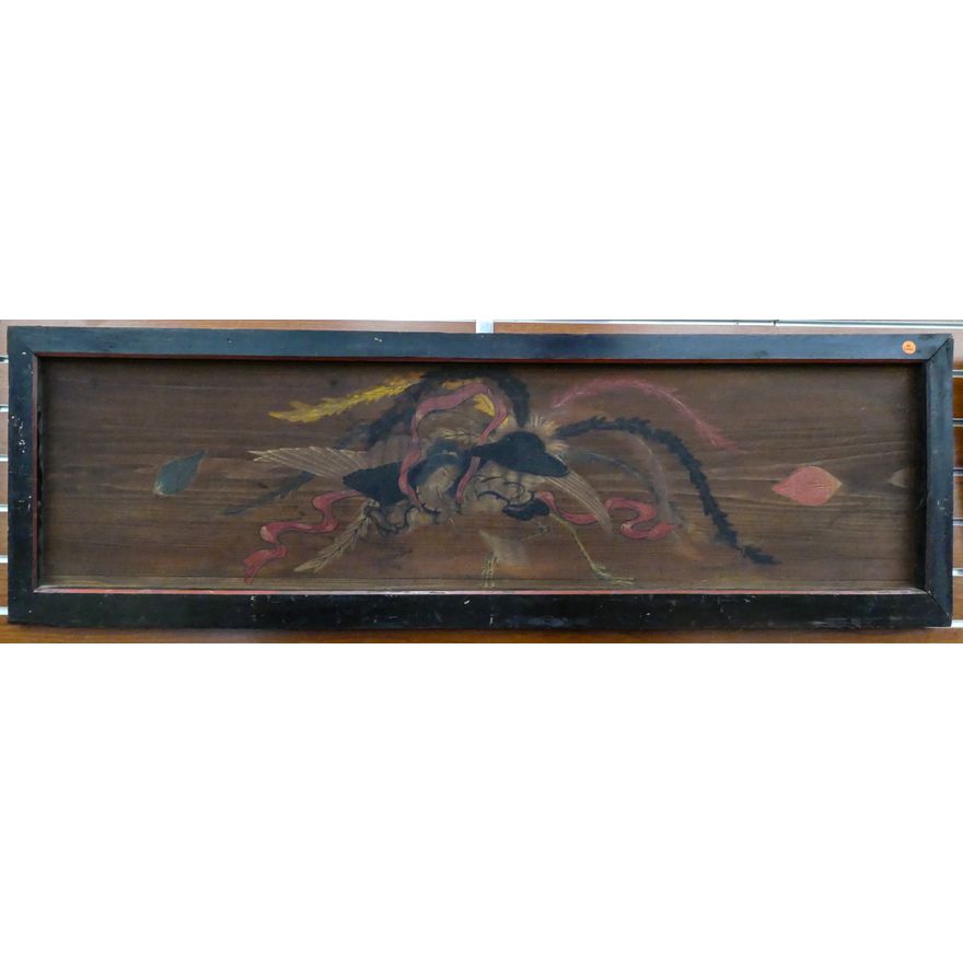 Pair Antique Japanese Painted Phoenix Wood Panels 17''x54''