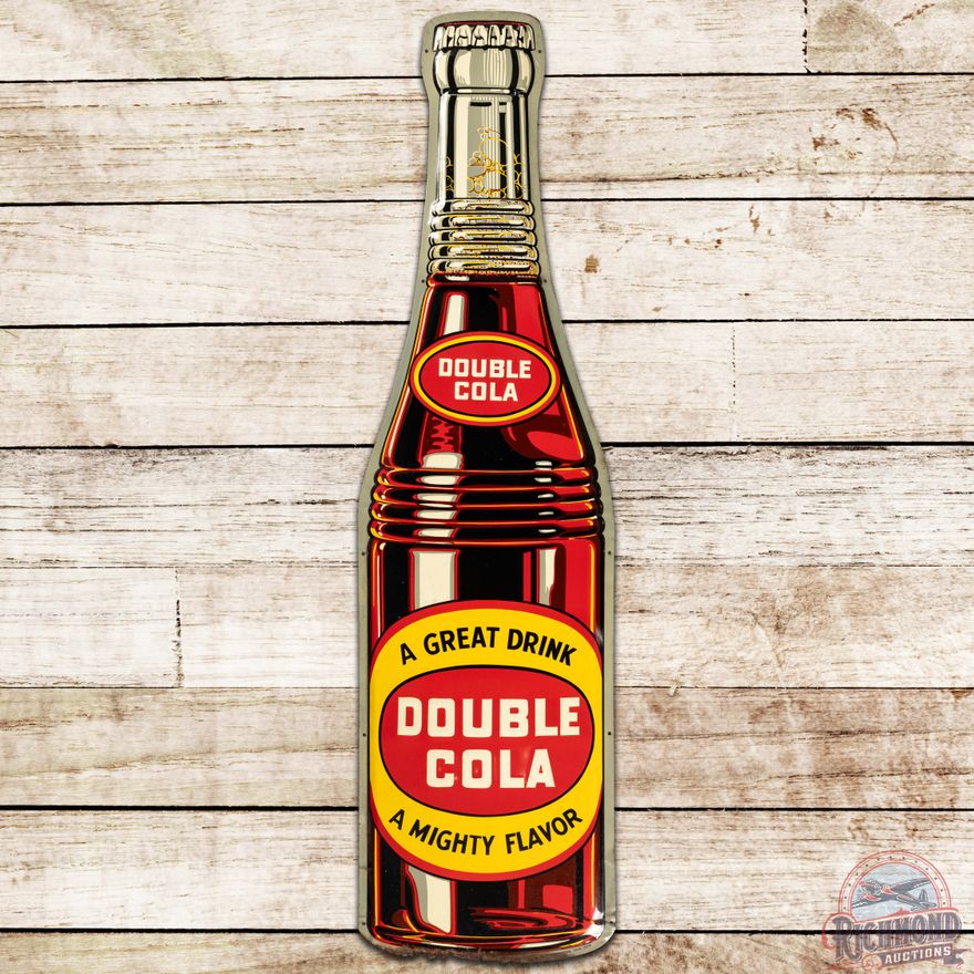 NOS Double Cola Die Cut 48" SS Tin Bottle Sign w/ Bottle