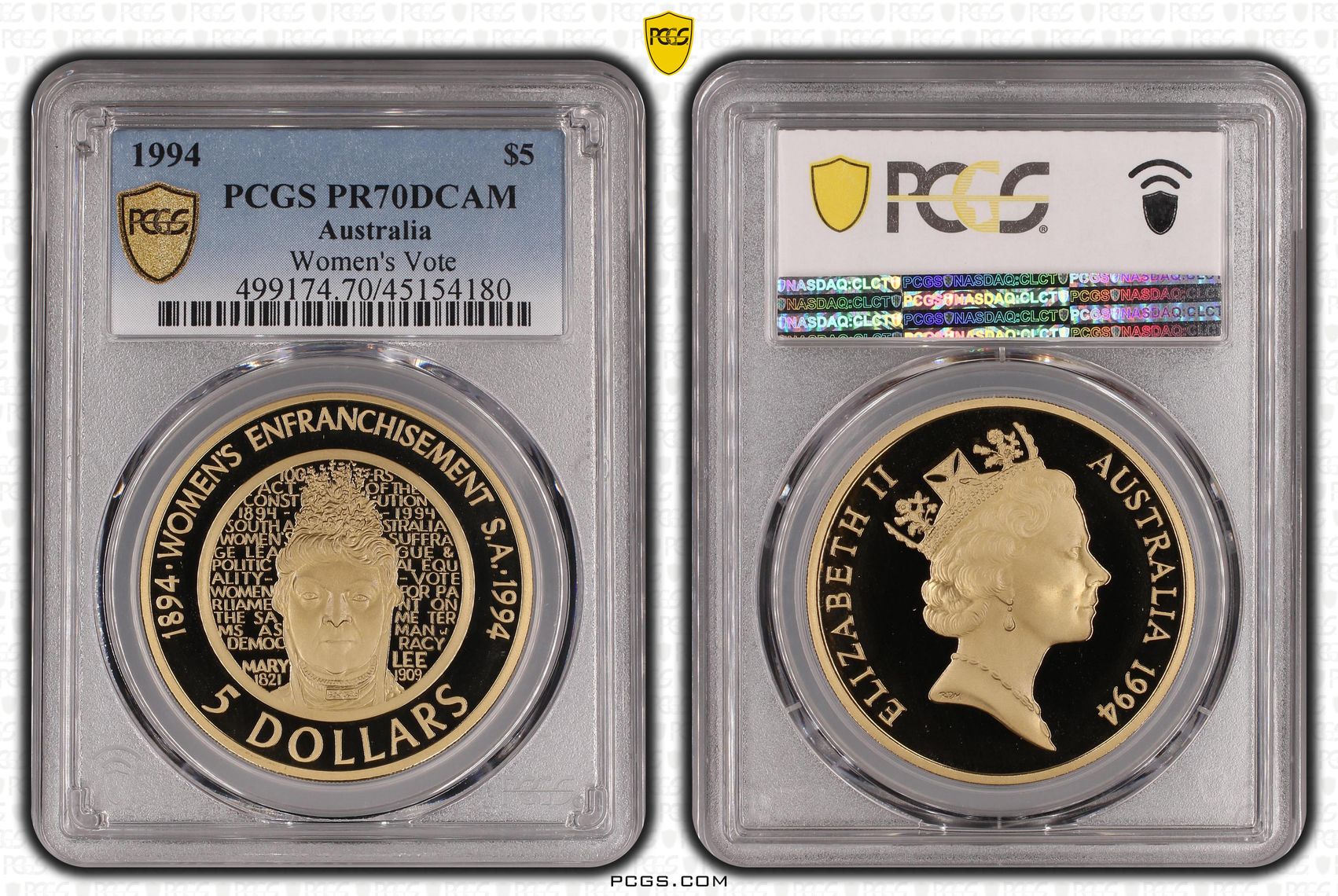 1994 Australia Five Dollar, $5 Women's Vote PCGS - PR70DCAM POP 11/0 -180
